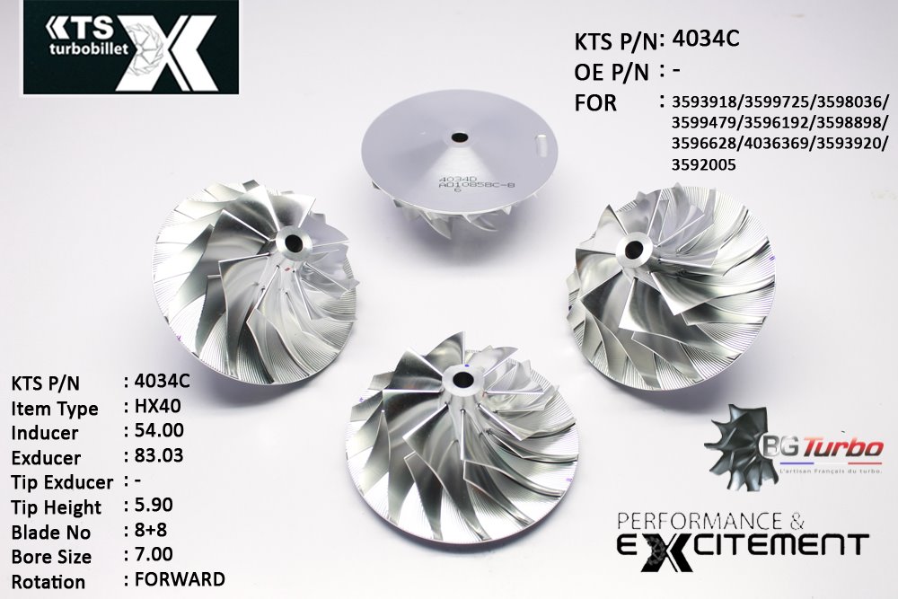 Turbo ROUE FORGÉE MFS PERFORMANCE - 8+8 PALES - INDUCER : 54 - EXDUCER : 83,03 - TYPE : HX40ANGLE : 55° - ROTATION : Forward - SUPER BACK : 5,01 - BORE SIZE : 7
